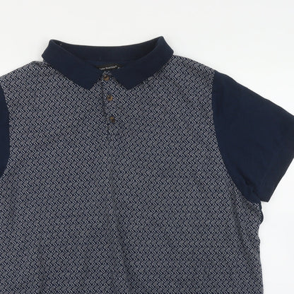 CEDAR Mens Blue Geometric Cotton  Polo Size 2XL Collared Button