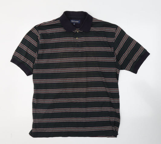 New Classics Mens Green Striped Cotton  Polo Size M Collared Pullover