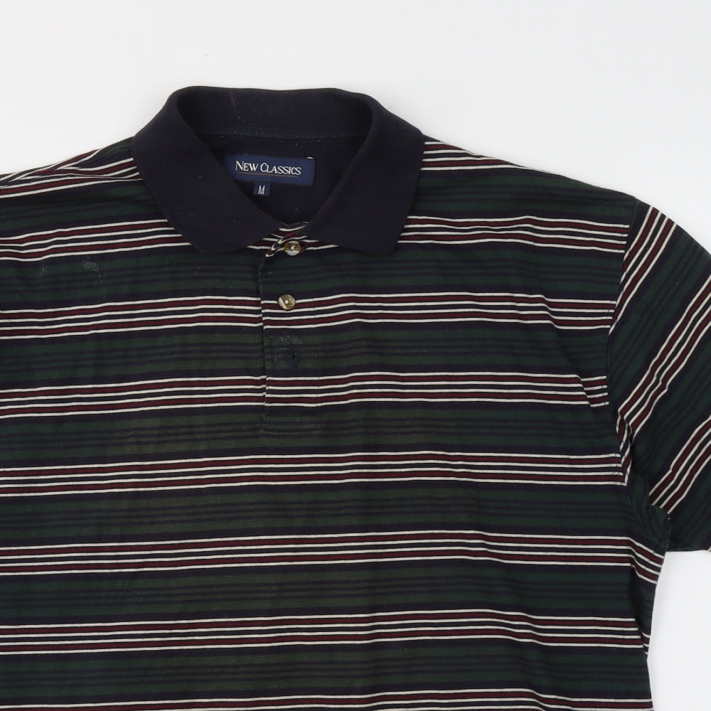 New Classics Mens Green Striped Cotton  Polo Size M Collared Pullover