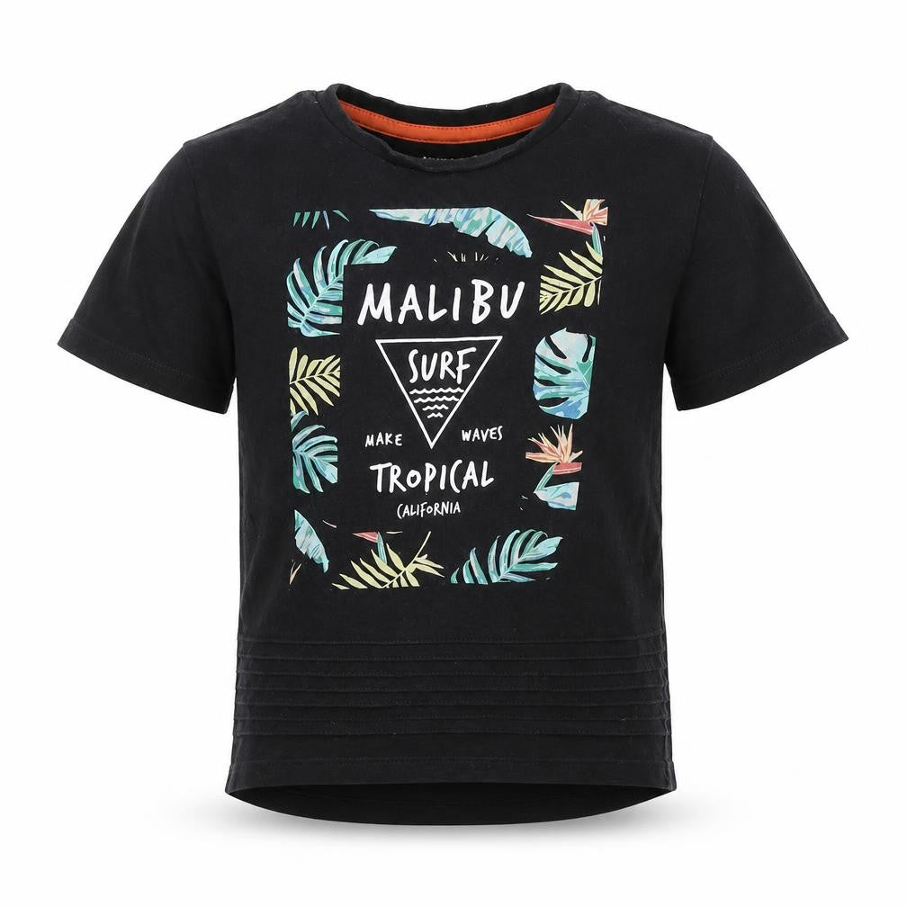 Front view of Preworn boys’ black cotton pullover t-shirt, size 5-6, years round neck pullover