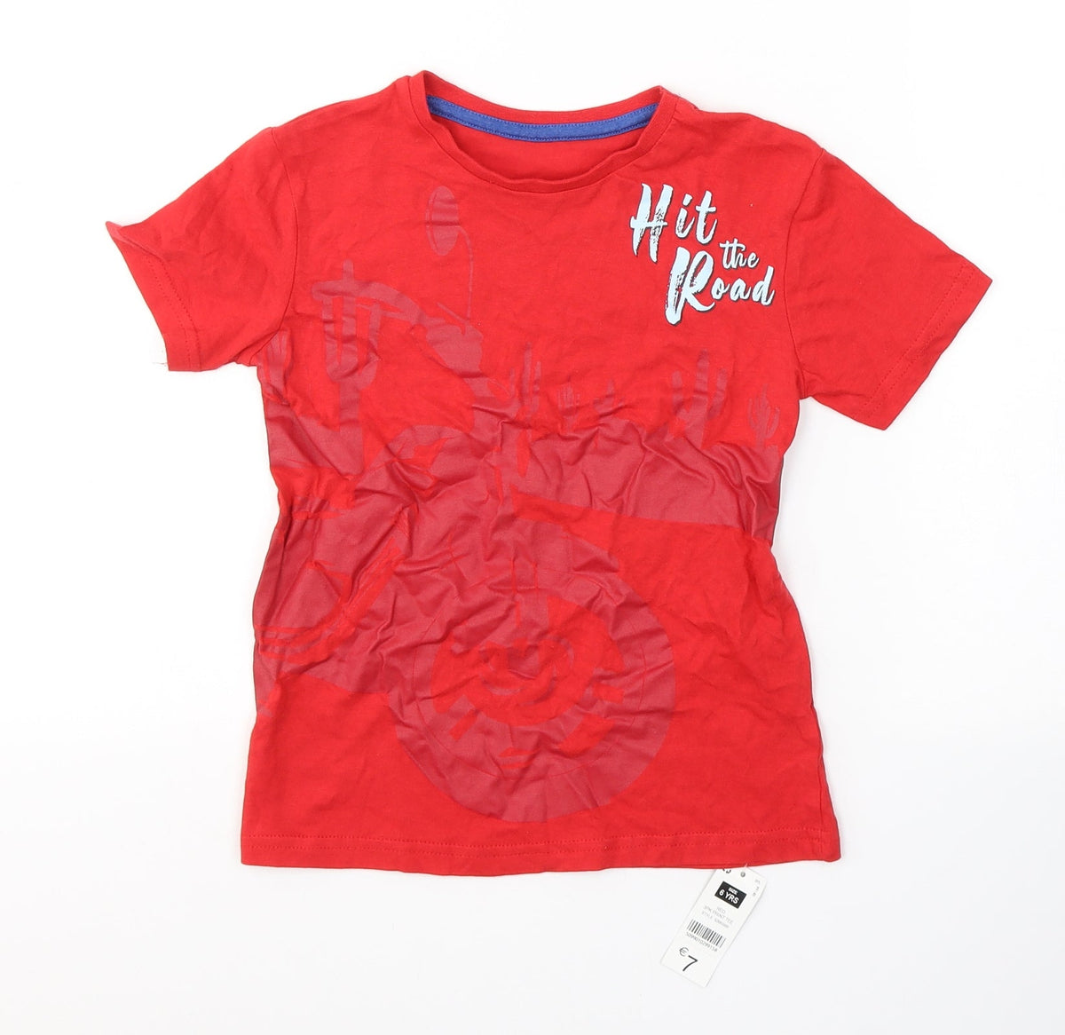 Front view of Dunnes boys’ red cotton basic t-shirt, size 6, years round neck pullover