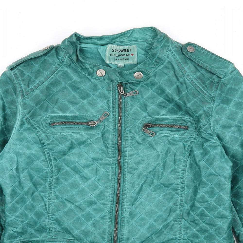 Close-up detail of So Sweet women’s green jacket, size XL, zip