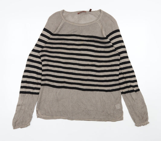 Front view of 525 america women’s brown round neck striped viscose jumper, size UK 14