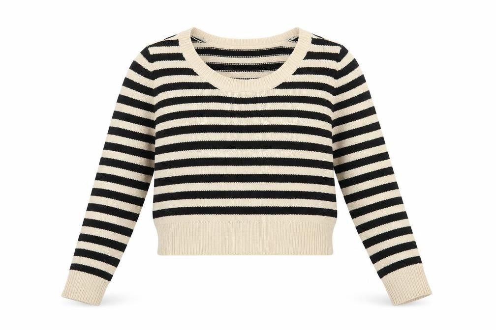 Front view of H&M women’s beige scoop neck striped acrylic jumper, size UK 10
