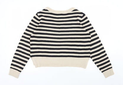 H&M Womens Beige Scoop Neck Striped Acrylic Pullover Jumper Size 10