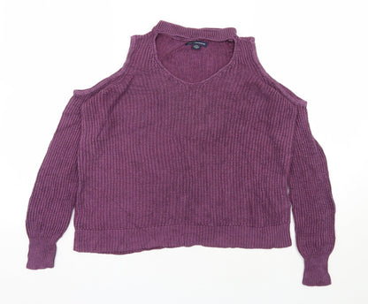 American Eagle Outfitters Womens Purple V-Neck  Nylon Pullover Jumper Size S   - Cold shoulder