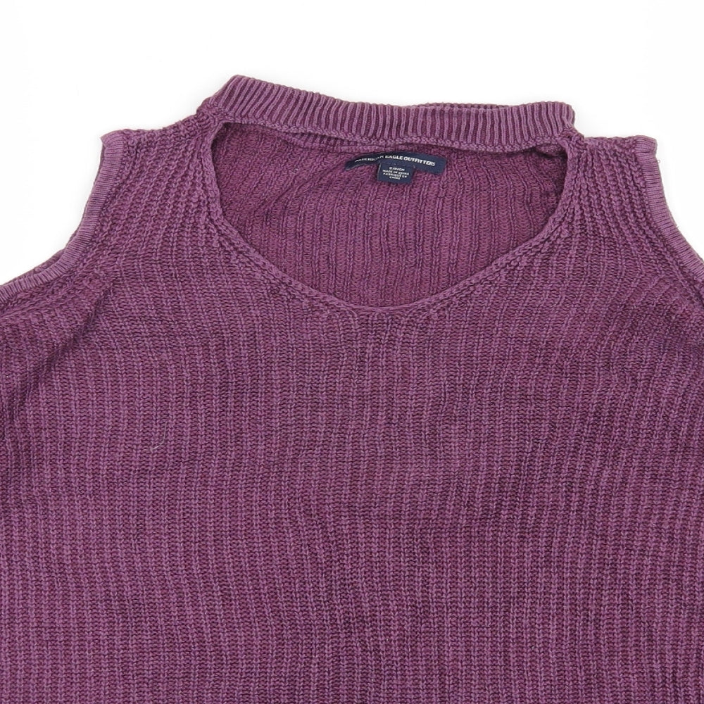 American Eagle Outfitters Womens Purple V-Neck  Nylon Pullover Jumper Size S   - Cold shoulder