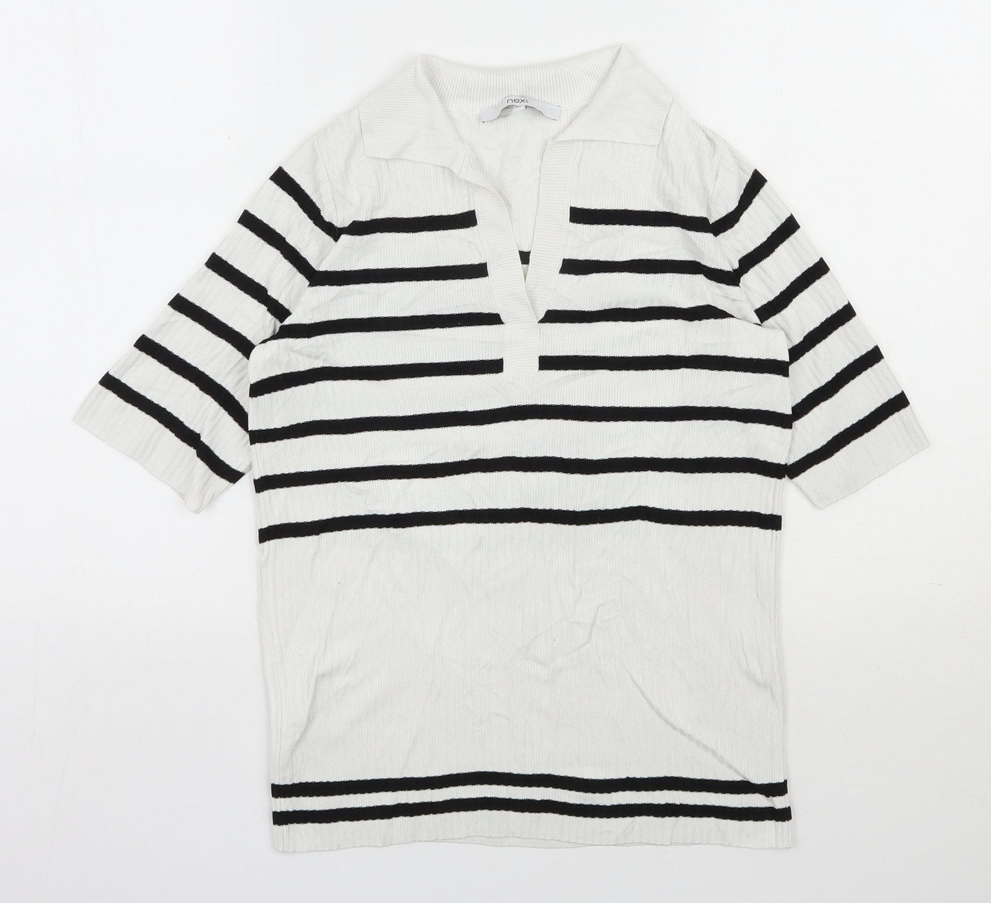 NEXT Womens White V-Neck Striped Nylon Pullover Jumper Size 6