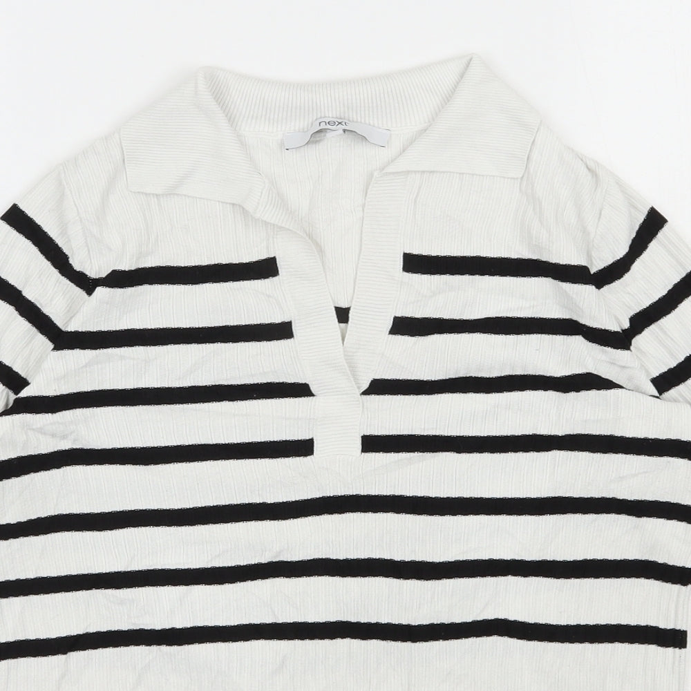 NEXT Womens White V-Neck Striped Nylon Pullover Jumper Size 6
