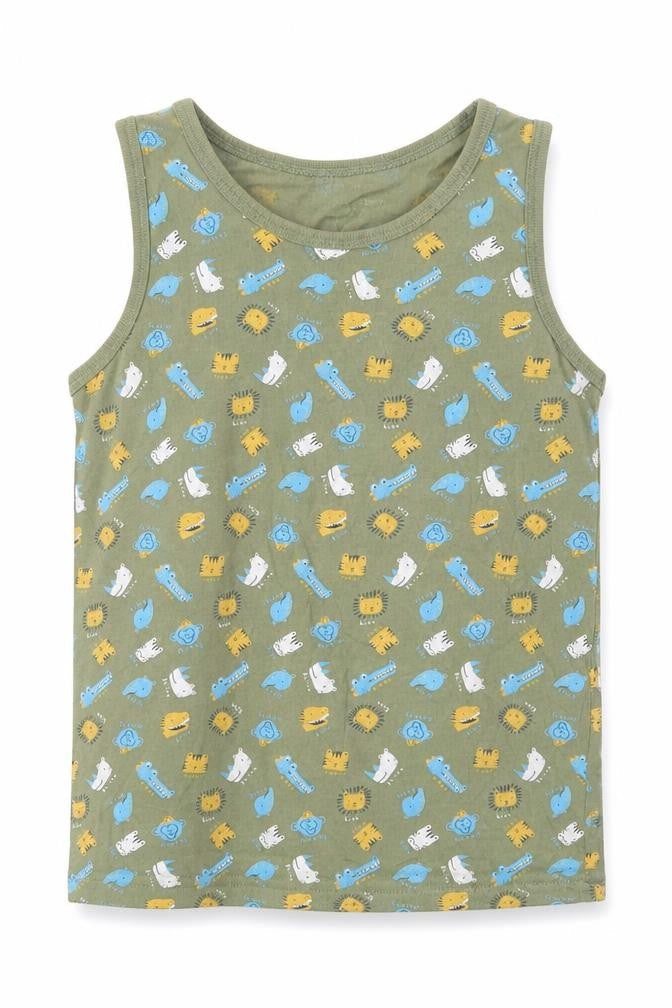 Front view of George boys’ green 100% cotton basic tank, size 9-10, years round neck pullover - animals