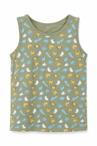 Front view of George boys’ green 100% cotton basic tank, size 9-10, years round neck pullover - animals