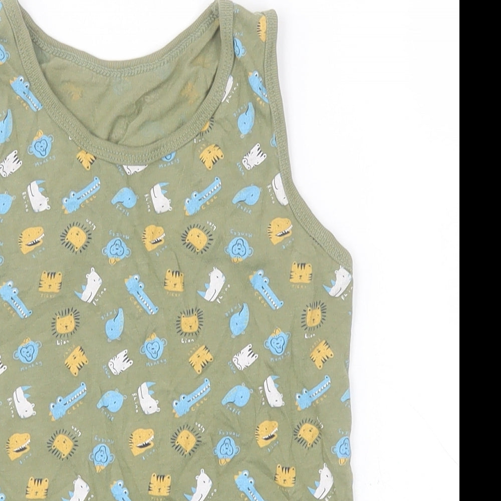 Close-up detail of George boys’ green 100% cotton basic tank, size 9-10, years round neck pullover - animals