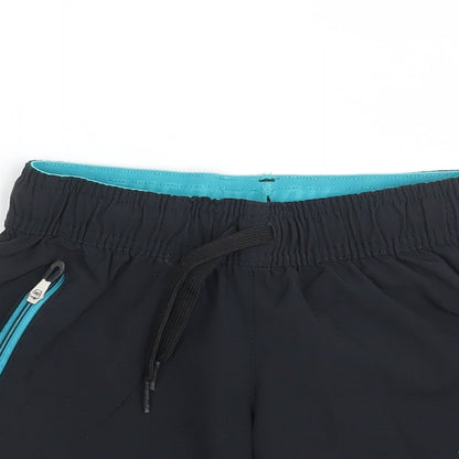 Close-up detail of Domyos boys’ black polyester sweat shorts, size 5, years regular