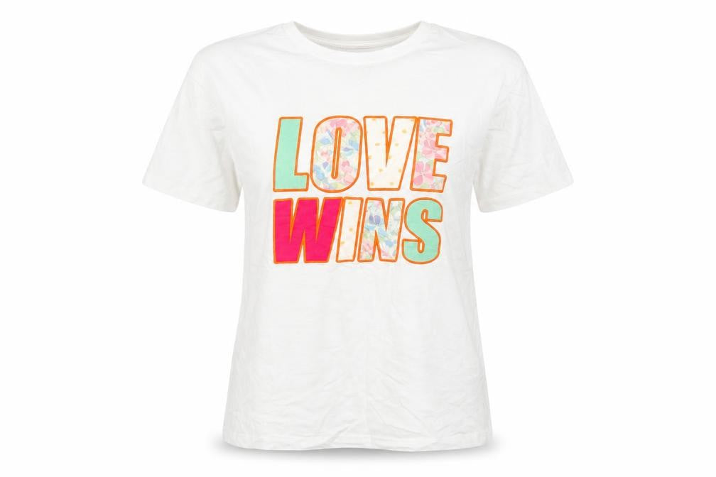 Front view of Stradivarius women’s white 100% cotton basic t-shirt, size S, crew neck - love wins