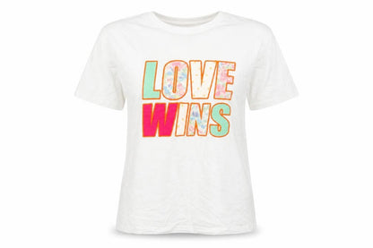 Front view of Stradivarius women’s white 100% cotton basic t-shirt, size S, crew neck - love wins