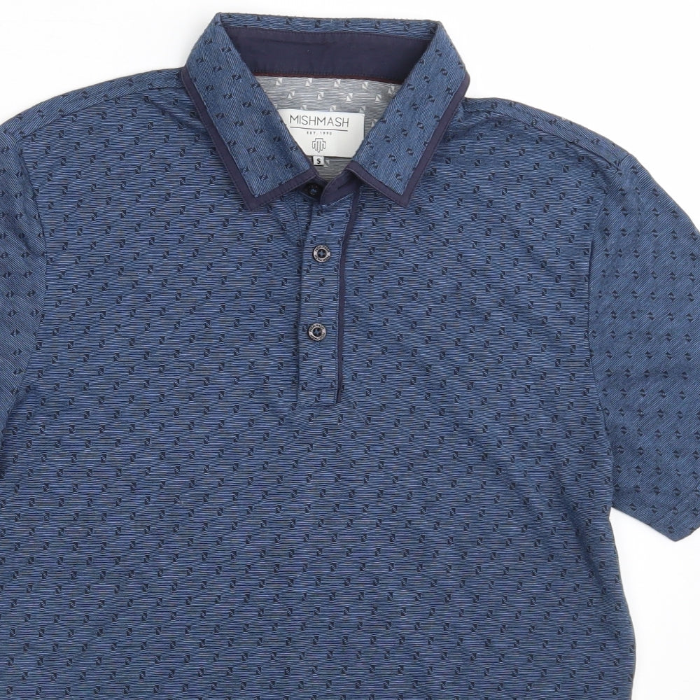 Mish Mash Mens Blue Geometric Polyester  Polo Size S Collared Button