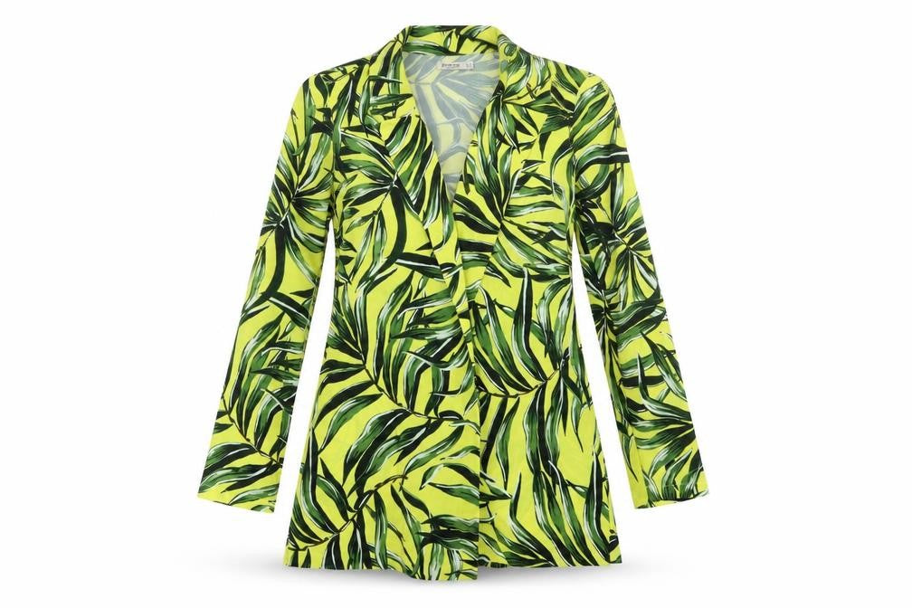 Front view of Stradivarius women’s yellow floral polyester jacket dress, size M, v-neck