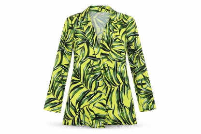 Front view of Stradivarius women’s yellow floral polyester jacket dress, size M, v-neck