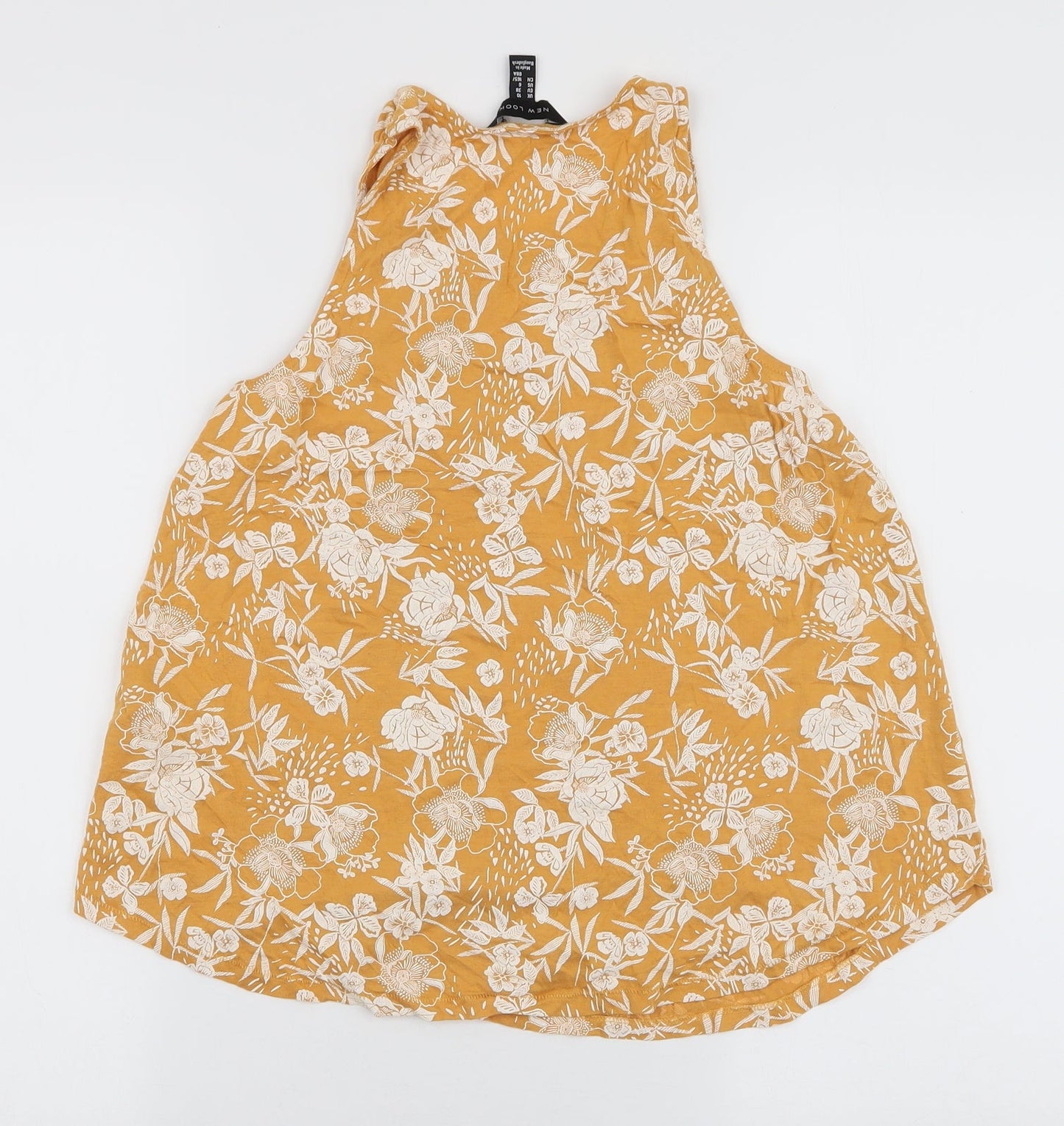 New Look Womens Yellow Floral Cotton Jersey Tank Size 10 Round Neck