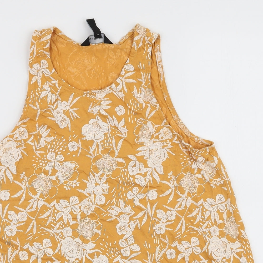 New Look Womens Yellow Floral Cotton Jersey Tank Size 10 Round Neck