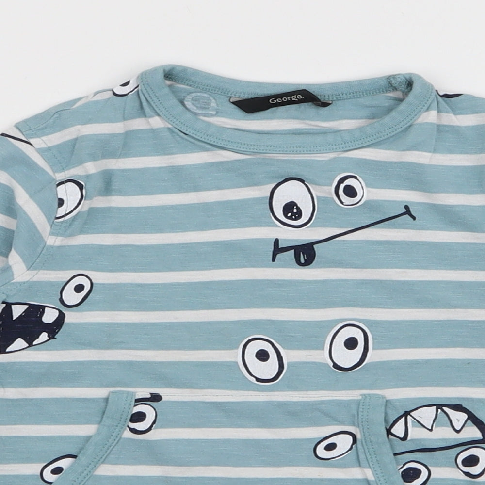 George Boys Blue Striped 100% Cotton Jersey T-Shirt Size 5-6 Years Round Neck Pullover