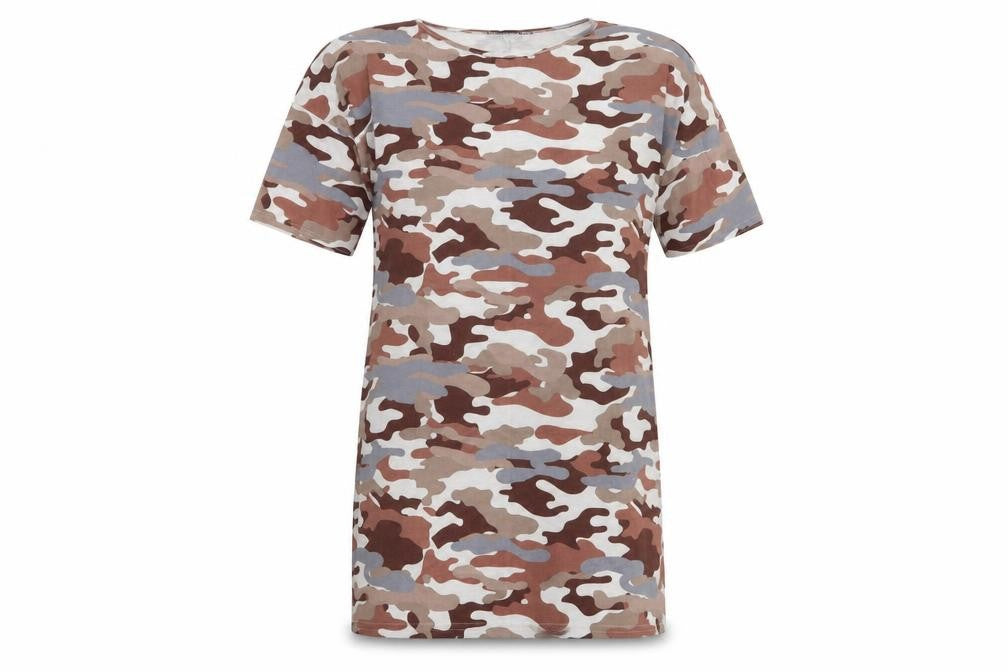 Front view of PRETTYLITTLETHING women’s multicoloured camouflage polyester t-shirt dress, size UK 8, round neck pullover