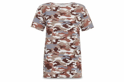 Front view of PRETTYLITTLETHING women’s multicoloured camouflage polyester t-shirt dress, size UK 8, round neck pullover