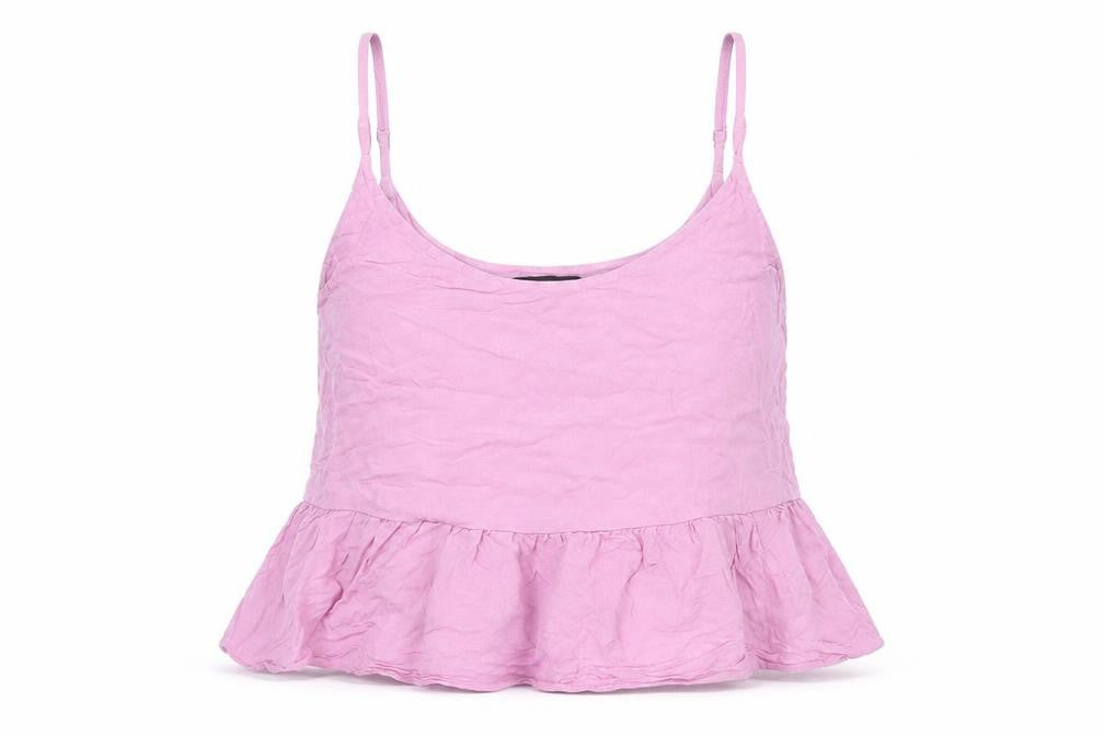 Front view of Topshop women’s purple polyester camisole tank, size UK 10, scoop neck - croppped