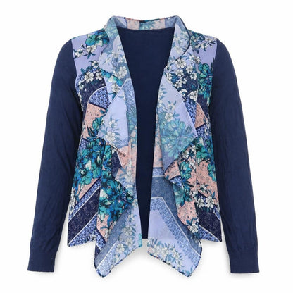 Front view of Yumi women’s multicoloured v-neck floral cotton cardigan jumper, size L, - waterfall cardigan