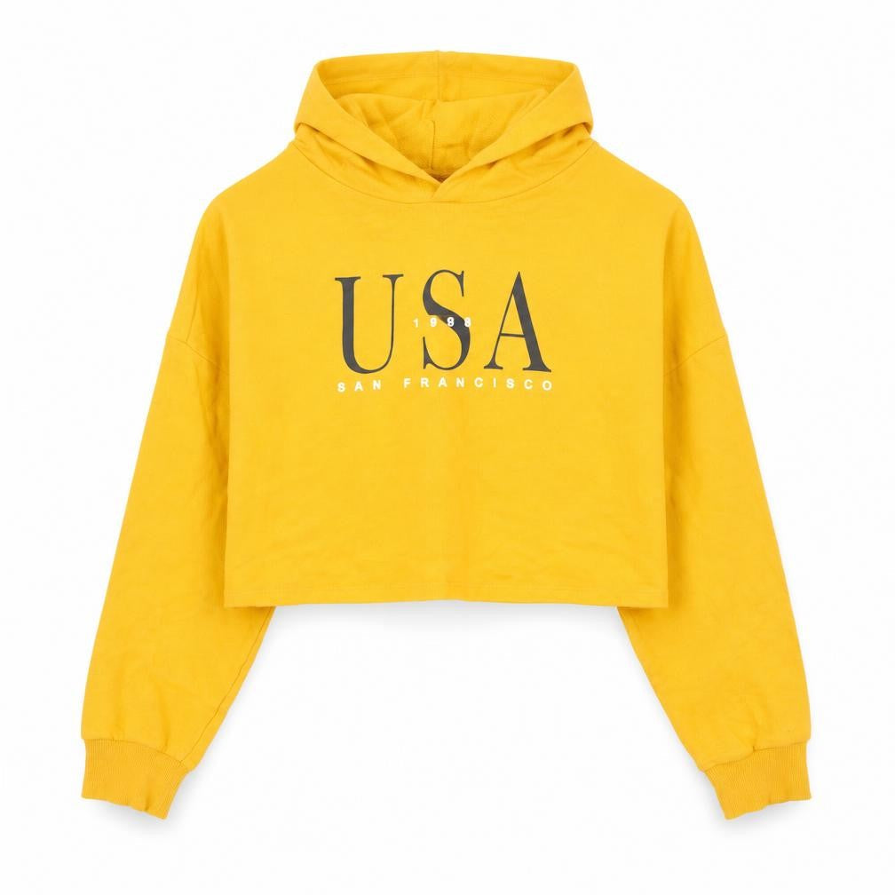 Front view of H&M women’s yellow 100% cotton pullover hoodie, size XS, pullover - cropped