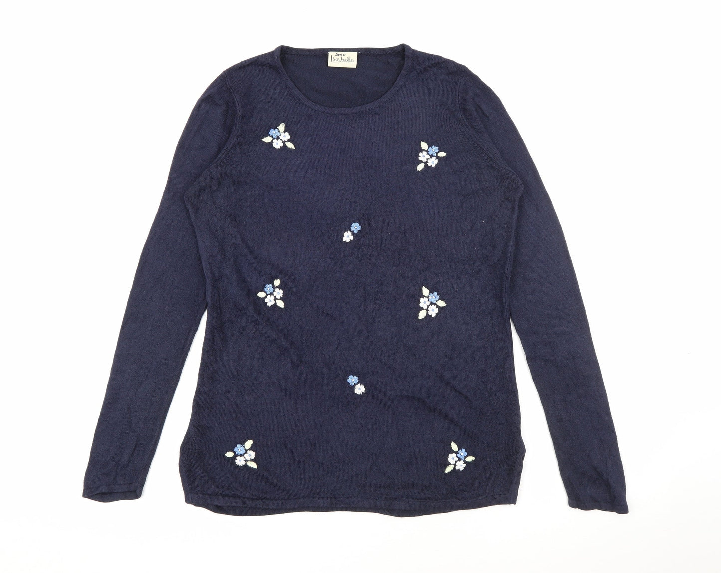 Isabelle Womens Blue Round Neck  Acrylic Pullover Jumper Size S   - Floral Embroidery