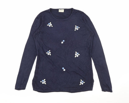 Isabelle Womens Blue Round Neck  Acrylic Pullover Jumper Size S   - Floral Embroidery