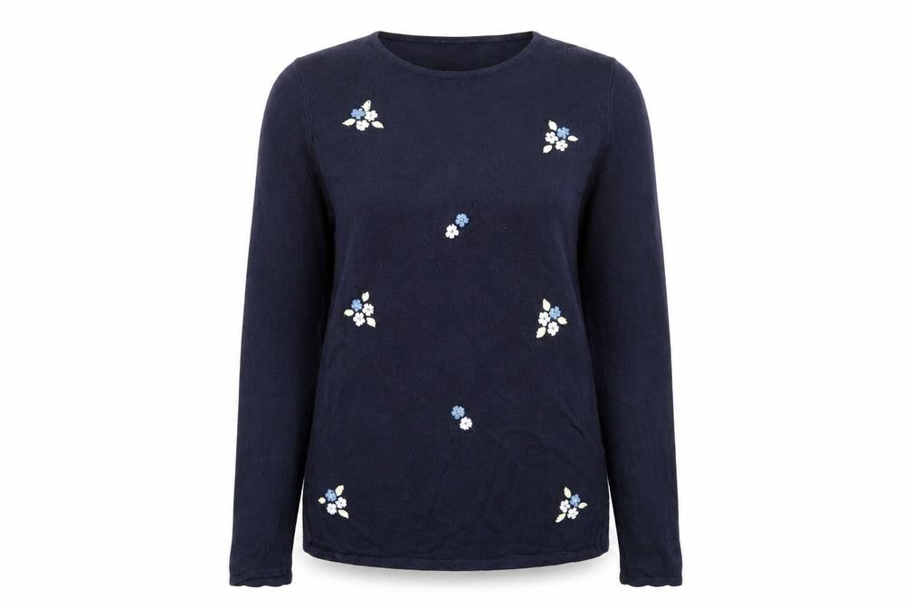 Front view of Isabelle women’s blue round neck acrylic jumper, size S, - floral embroidery