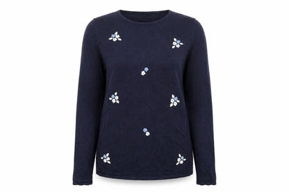 Front view of Isabelle women’s blue round neck acrylic jumper, size S, - floral embroidery