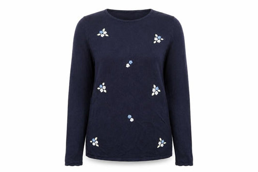 Front view of Isabelle women’s blue round neck acrylic jumper, size S, - floral embroidery
