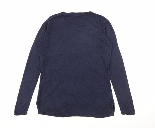 Isabelle Womens Blue Round Neck  Acrylic Pullover Jumper Size S   - Floral Embroidery