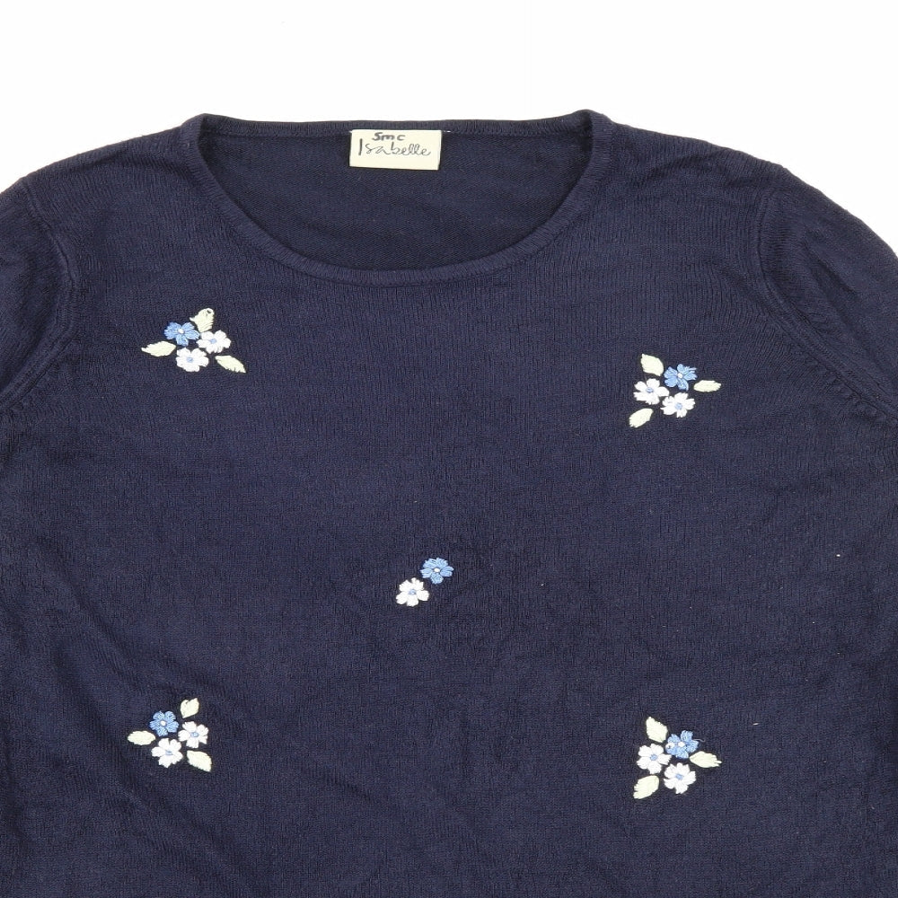 Isabelle Womens Blue Round Neck  Acrylic Pullover Jumper Size S   - Floral Embroidery