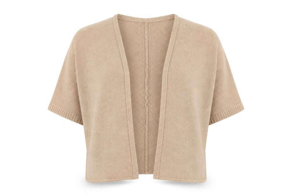 Front view of Select women’s beige v-neck acrylic cardigan jumper, size UK 14