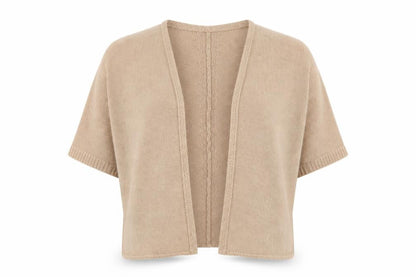 Front view of Select women’s beige v-neck acrylic cardigan jumper, size UK 14
