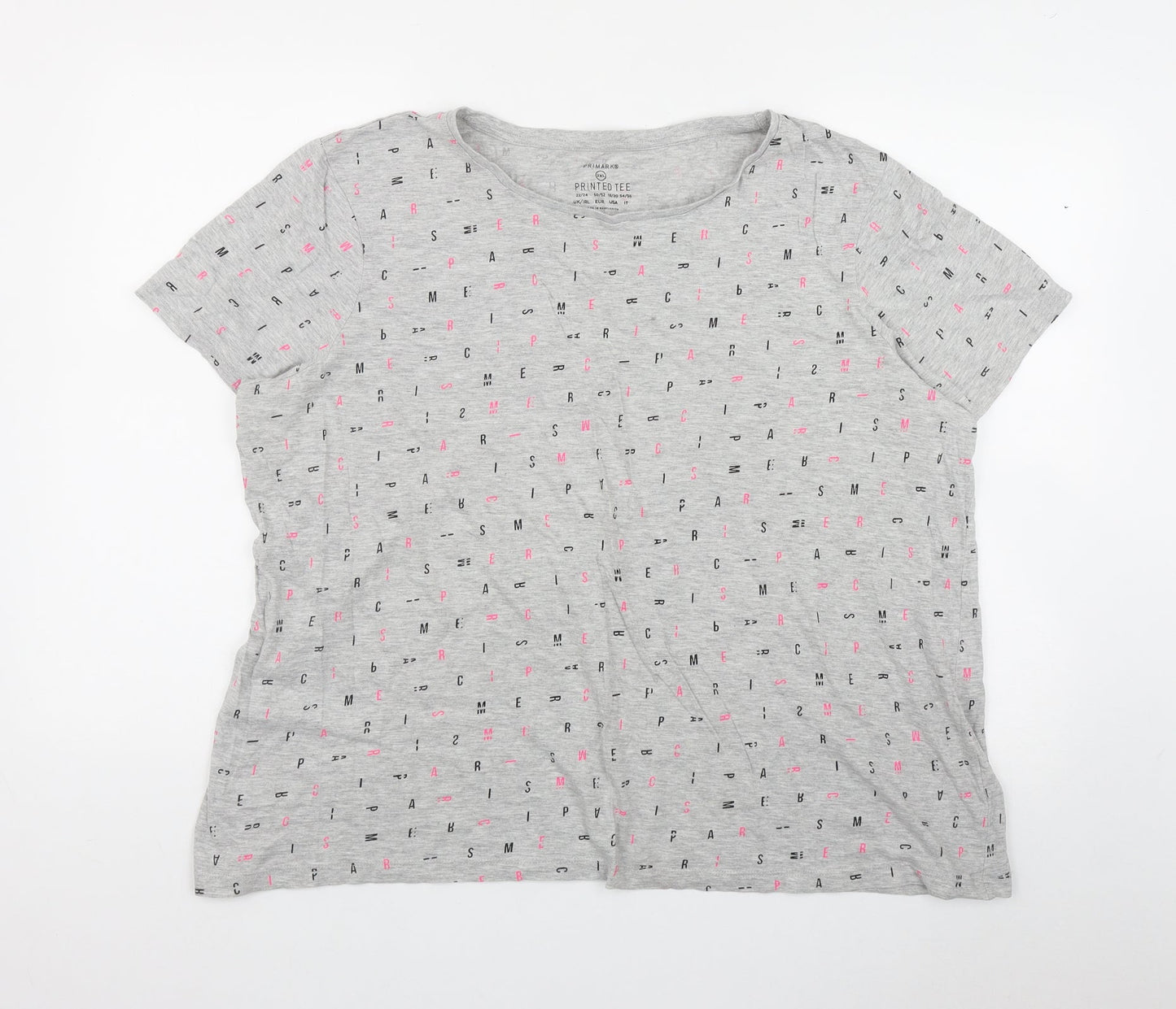 Primark Womens Grey Geometric Cotton Basic T-Shirt Size 2XL Round Neck