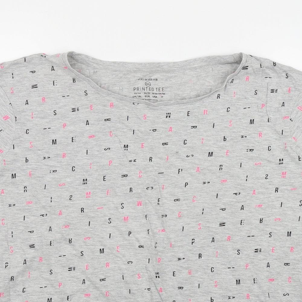 Primark Womens Grey Geometric Cotton Basic T-Shirt Size 2XL Round Neck