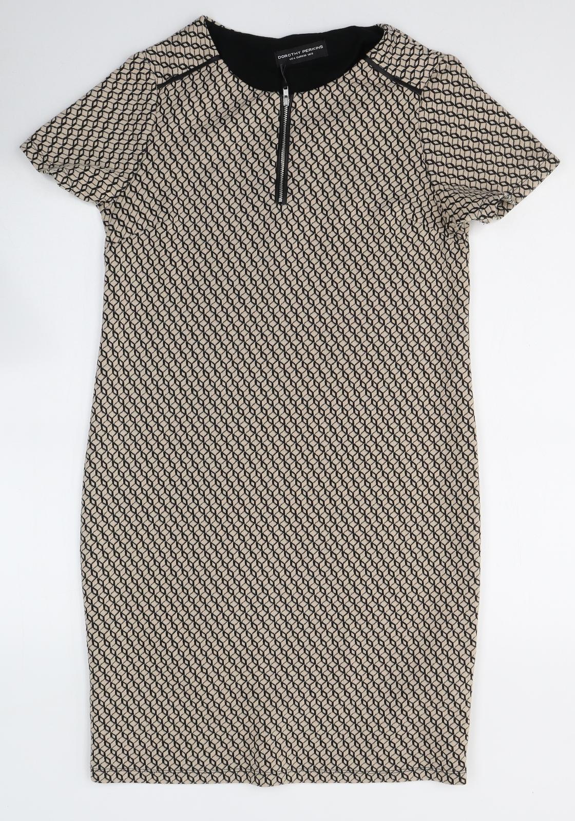 Dorothy Perkins Womens Beige Geometric Polyester Pencil Dress  Size 8  Round Neck Pullover