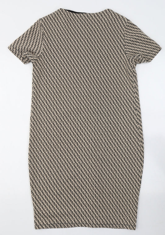 Dorothy Perkins Womens Beige Geometric Polyester Pencil Dress  Size 8  Round Neck Pullover