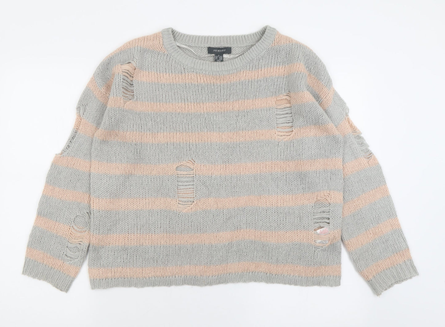 Primark Womens Grey Crew Neck Striped Acrylic Pullover Jumper Size L