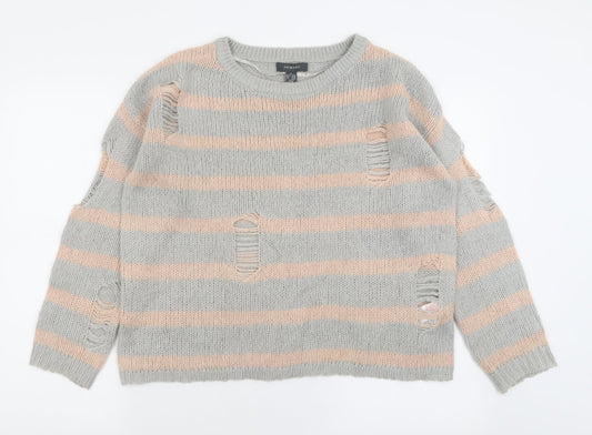 Primark Womens Grey Crew Neck Striped Acrylic Pullover Jumper Size L