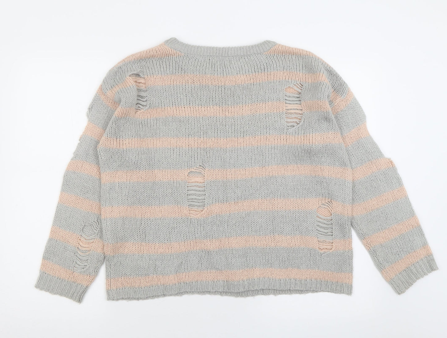 Primark Womens Grey Crew Neck Striped Acrylic Pullover Jumper Size L