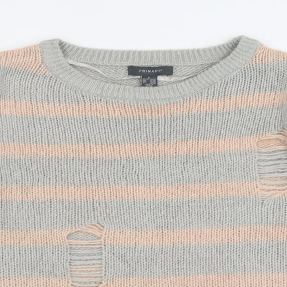 Primark Womens Grey Crew Neck Striped Acrylic Pullover Jumper Size L