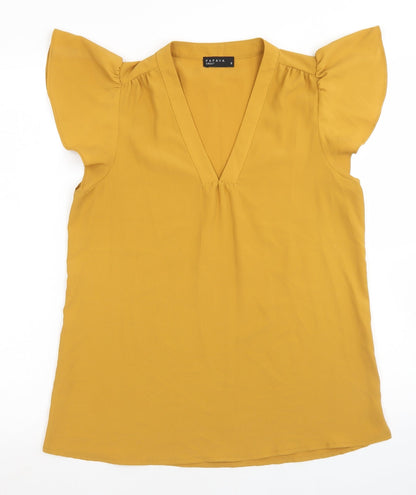 Papaya Womens Yellow  Polyester Basic Blouse Size 8 V-Neck