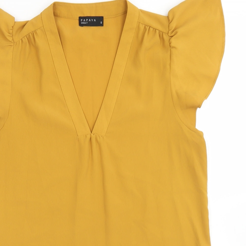 Papaya Womens Yellow  Polyester Basic Blouse Size 8 V-Neck