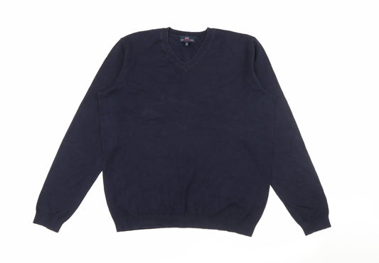 Easy Mens Blue V-Neck  Cotton Pullover Jumper Size M